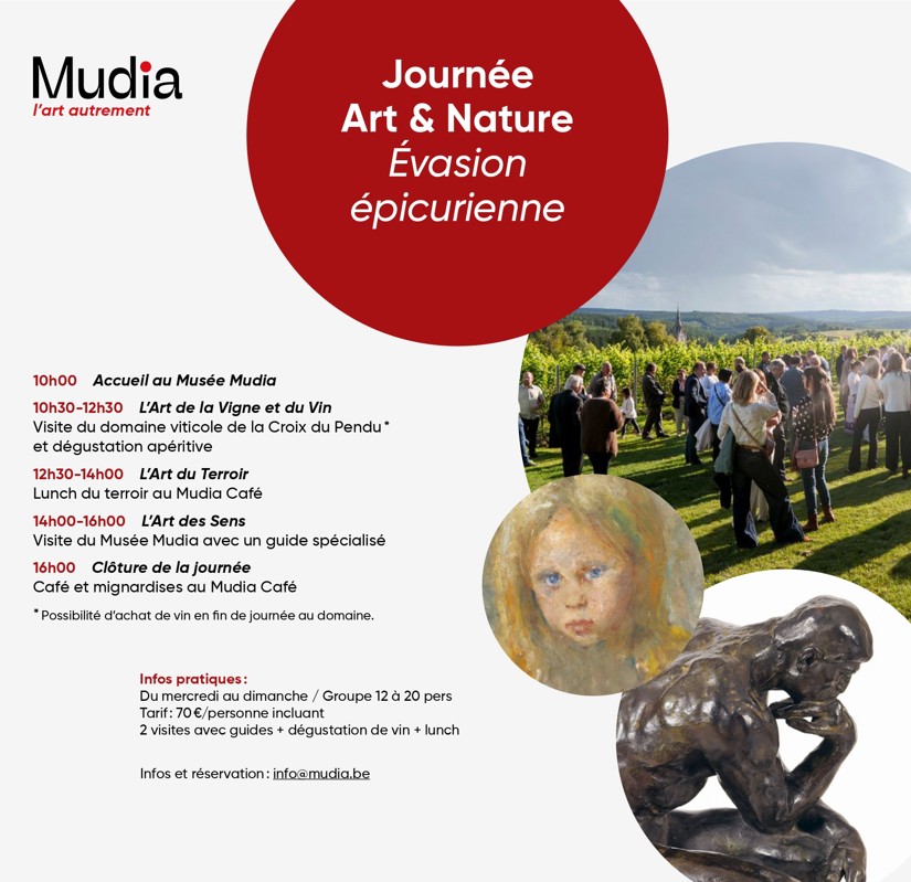 Une évasion épicurienne d'une journée qui combine la visite du domaine viticole de La Croix du Pendu avec la visite du musée Mudia, le tout à Redu.