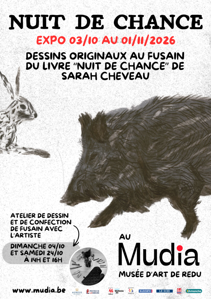L’exposition Nuit de chance, présentée au Mudia, à Libin, dévoilera les dessins originaux au fusain réalisés par Sarah Cheveau pour son livre du même nom.